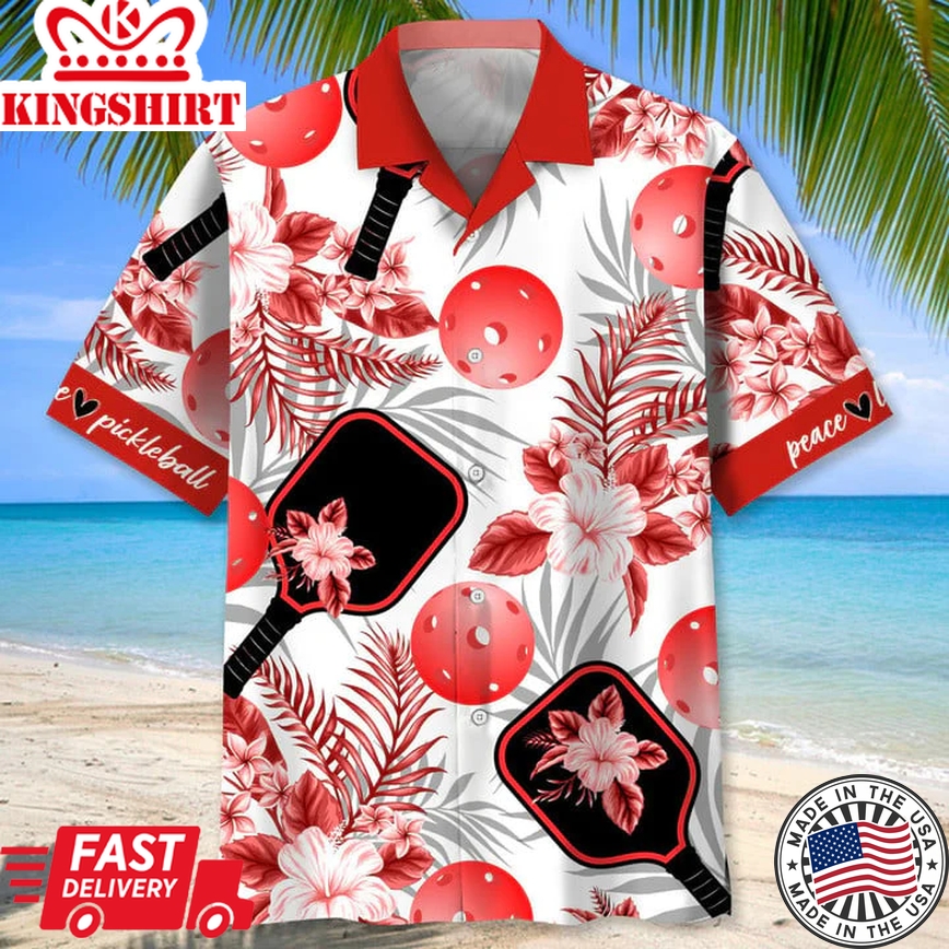 Pickleball Usa Red Tropical Trendy Hawaiian Shirt, Tropical Aloha Shirts Short Sleeve Beach Holiday Casual Shirts