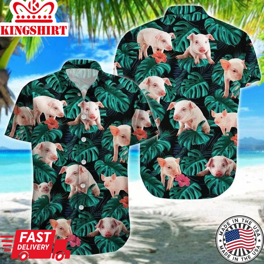 Pig Aloha Trendy Hawaiian Shirt - Baby Pig Trendy Hawaiian Shirt, Tropical Leaves Pattern Trendy Hawaiian Shirt