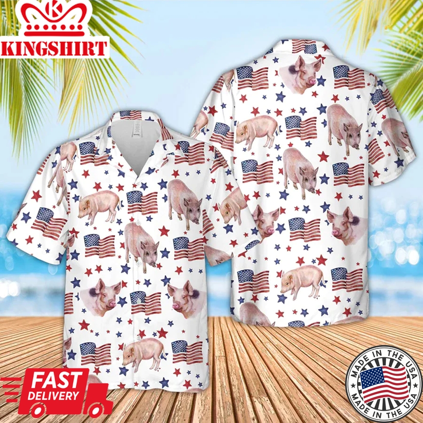 Pig American Flag Pattern Trendy Hawaiian Shirt, Funny Pig Trendy Hawaiian Shirt, 4Th Of July Trendy Hawaiian Shirt