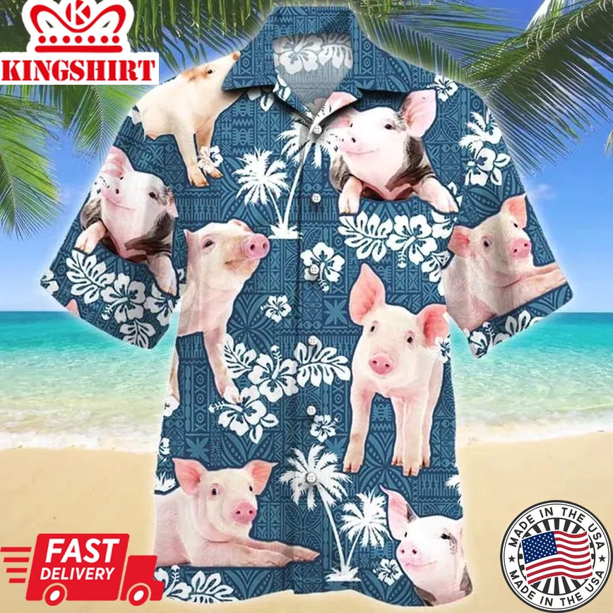 Pig Blue Tribal Pattern Trendy Hawaiian Shirt, Pig Trendy Hawaiian Shirts, Pig Aloha Shirt For Men, Hawaii Shirt Woman