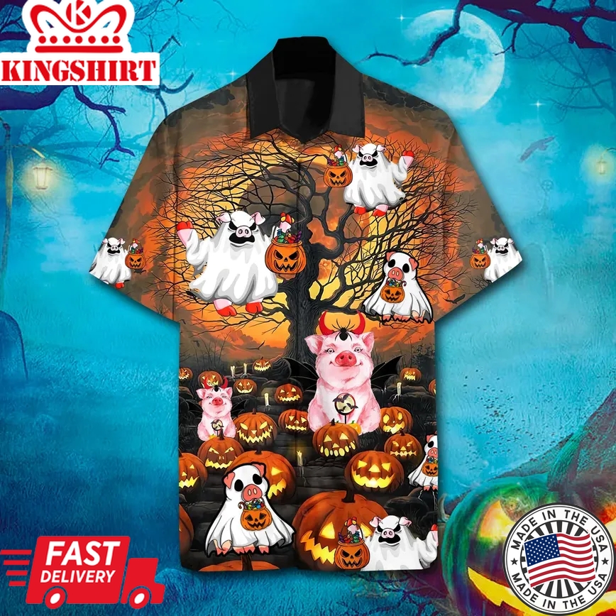 Pig Halloween Trendy Hawaiian Shirt, Unisex Print Aloha Short Sleeve Casual Shirt