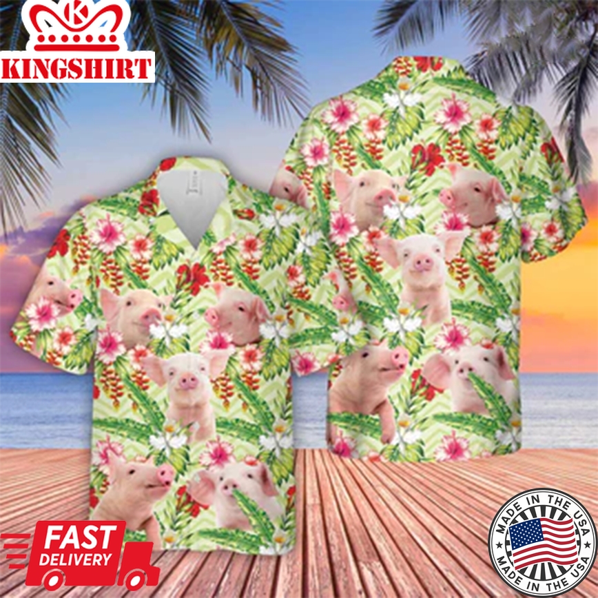 Pig Hibicus Floral 3D Trendy Hawaiian Shirt