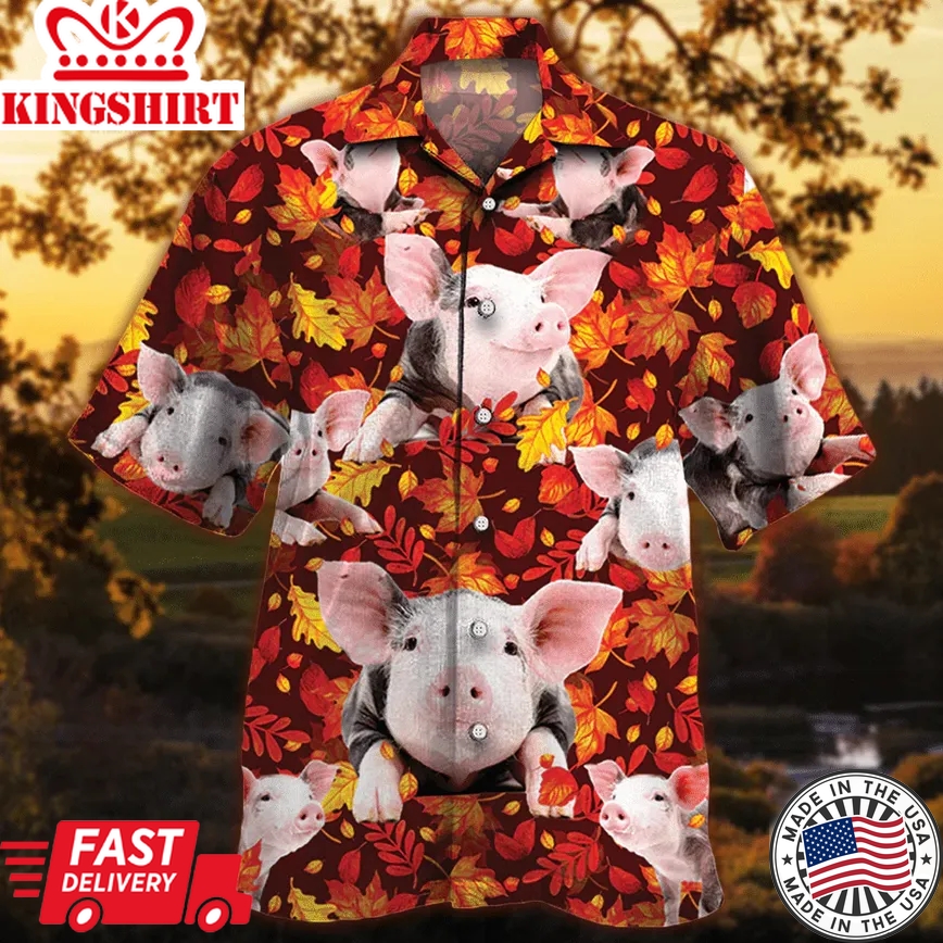 Pig Lovers Autumn Red Leaves Trendy Hawaiian Shirt, Unisex Print Aloha Short Sleeve Casual Shirt Summer Gifts