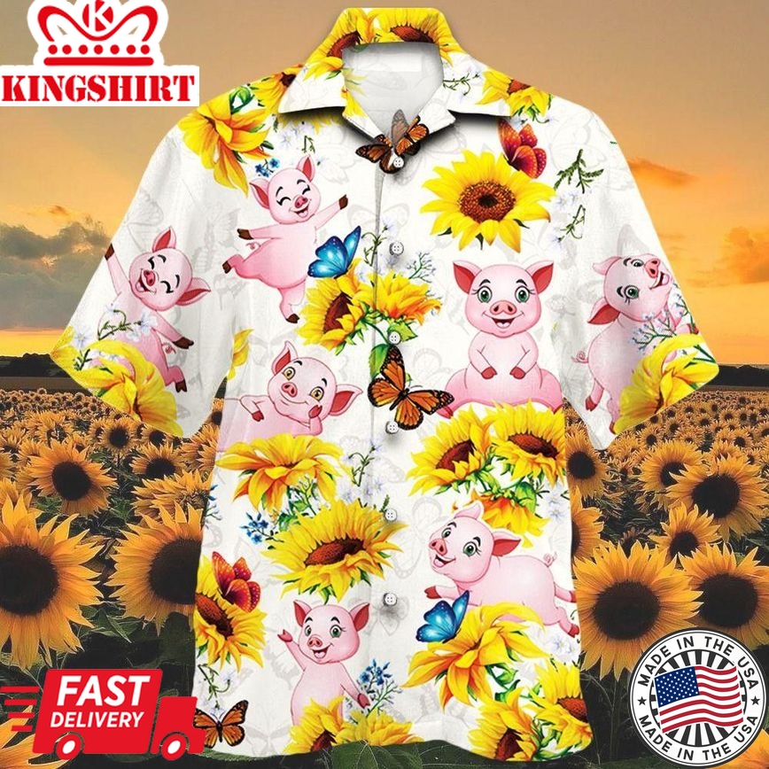 Pig Lovers Sun Flower Trendy Hawaiian Shirt, Unisex Print Aloha Short Sleeve Casual Shirt Summer Gifts