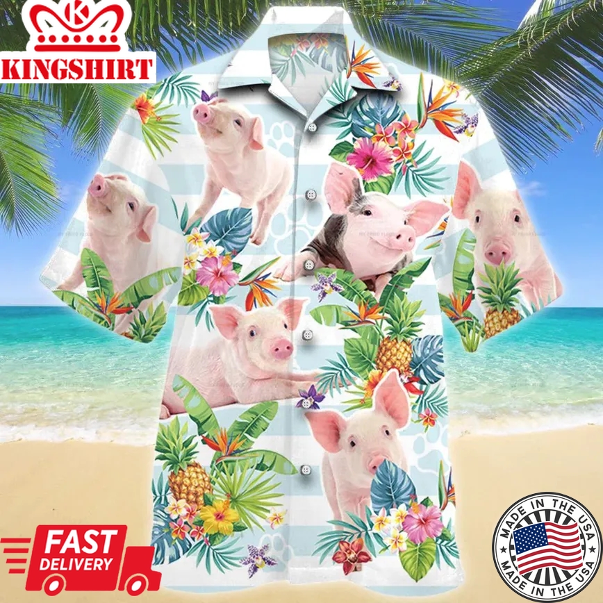 Pig Tropical Flower Trendy Hawaiian Shirt, Unisex Print Aloha Short Sleeve Casual Shirt Summer Gifts