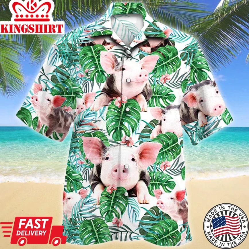 Pig Tropical Plant Trendy Hawaiian Shirt, Summer Men Trendy Hawaiian Shirts - Casual Button Down Short Sleeve Shirt