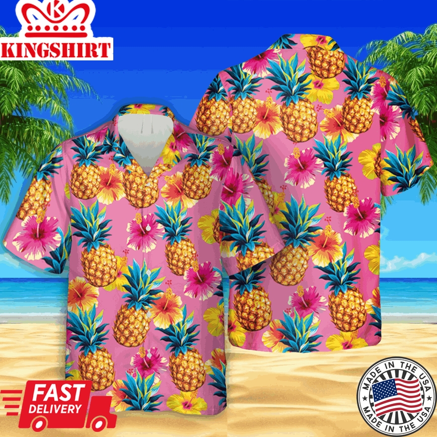 Pineapple And Hibicus Pink Trendy Hawaiian Shirt, Unisex Tee