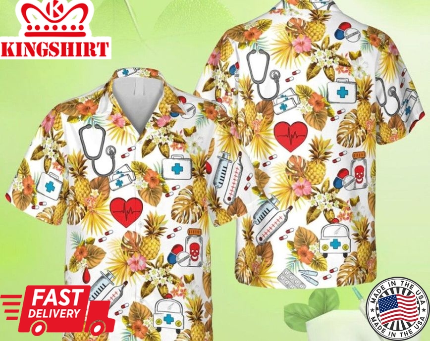 Pineapple Nurse Trendy Hawaiian Shirt, Doctor Stethoscope, Pulse Male Clothing, Group Hawaii Shirt Summer, Tropical Beach Shirt Button Down Shirt.