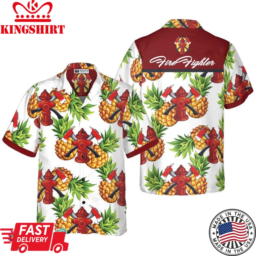 Pineapple Seamless Pattern Firefighter Hawaiian Shirt, Cross Axes Tropical Firefighter Shirt For Men