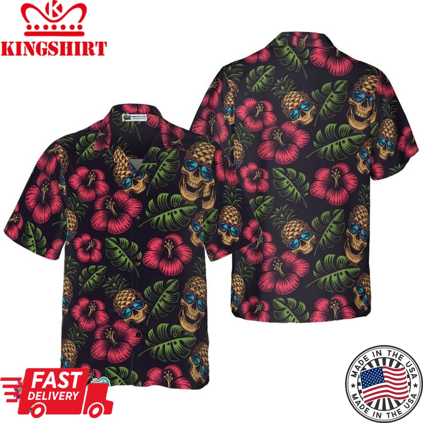 Pineapple Skull Tropical Flowers Black Hawaiian Shirt