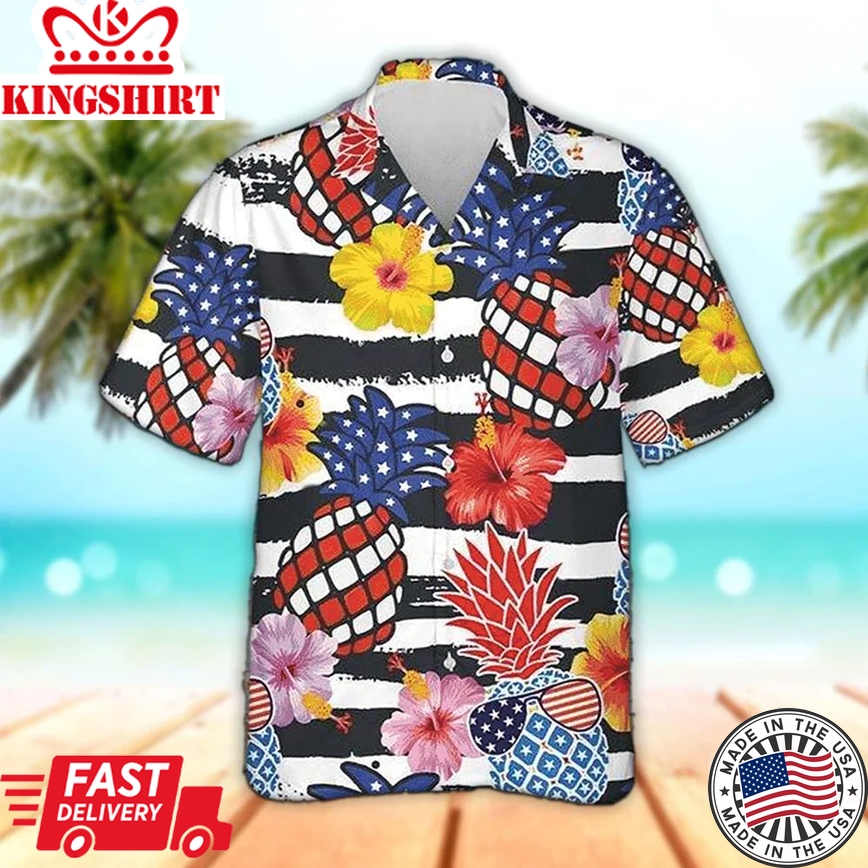 Pineapple Trendy Hawaiian Shirt, Patriotic Pineapple Hawaiian Aloha Beach Shirt