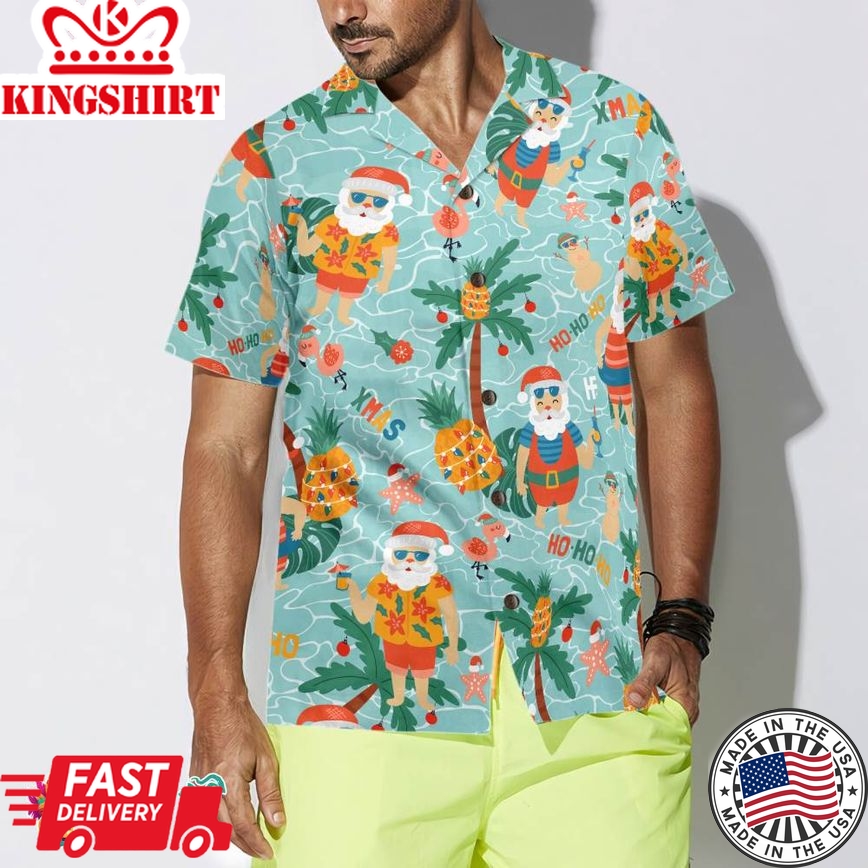 Pineapple With Santa Claus On Sea Beach Hawaiian Shirt