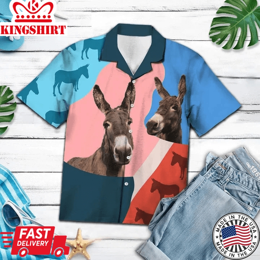 Pink And Blue Geometric With Donkey Trendy Hawaiian Shirt