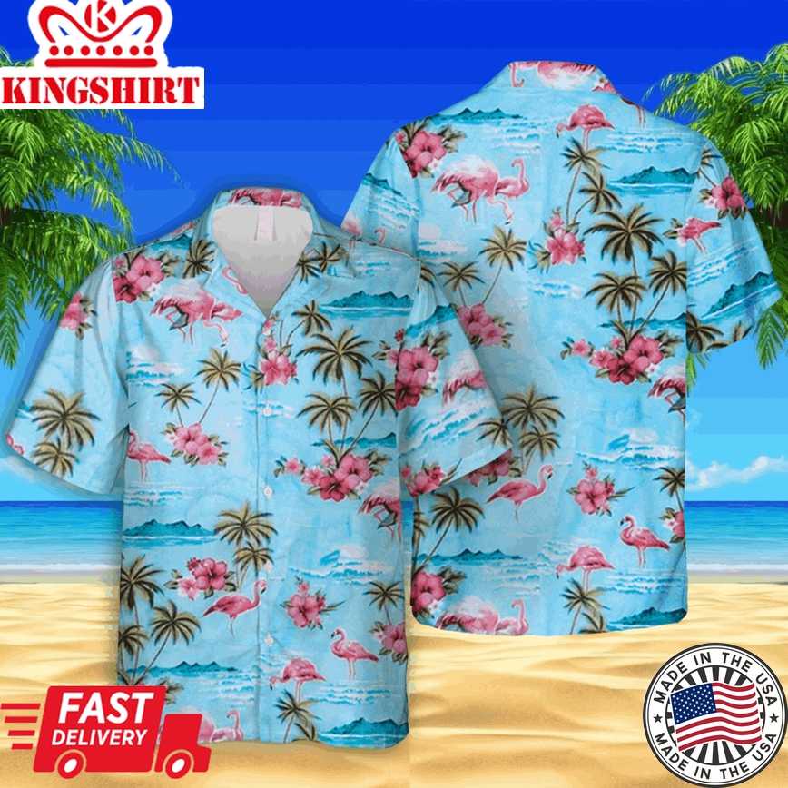 Pink Flamingo Blue Trendy Hawaiian Shirt, Sea Lovers, Beach T-Shirt