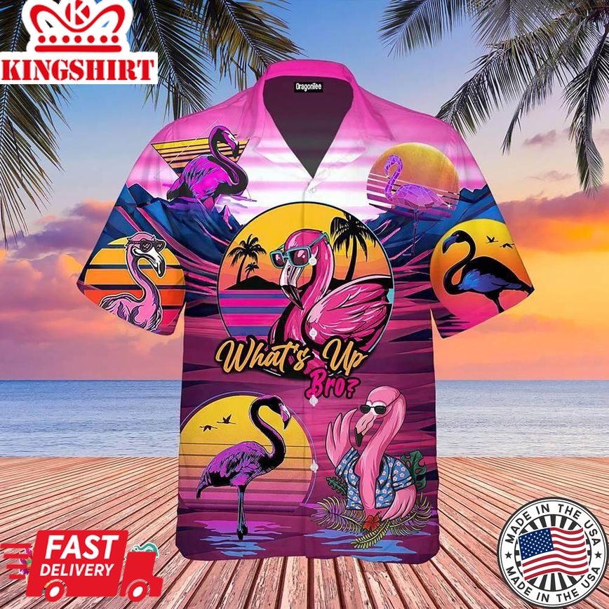 Pink Flamingo What'Up Bro Sunset Hawaiian Aloha Beach Shirt