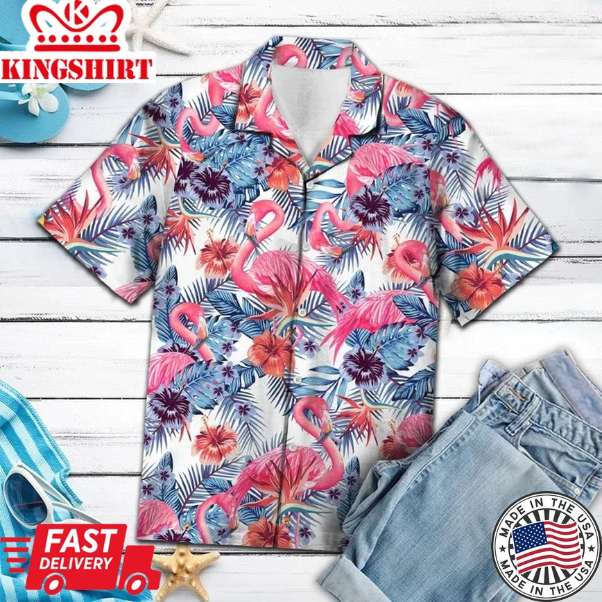 Pink Flamingo With Red Hibiscus In White Trendy Hawaiian Shirt