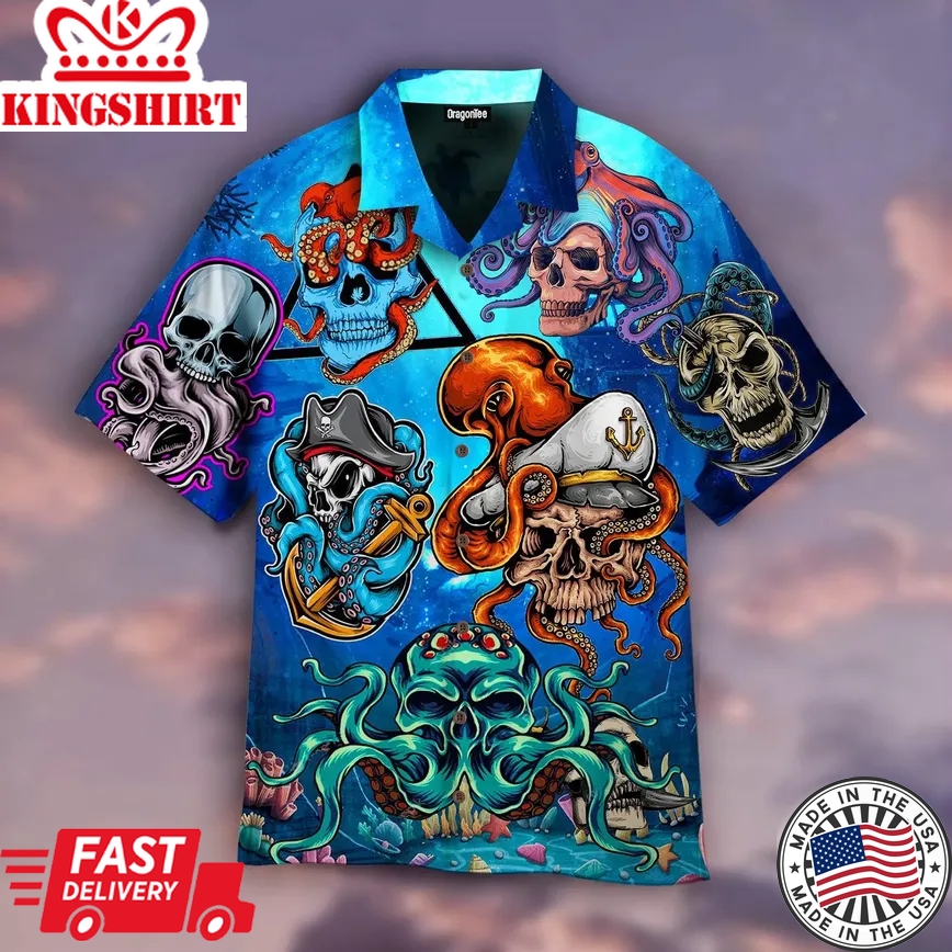 Pirate Skull Deep In The Ocean Trendy Hawaiian Shirt For