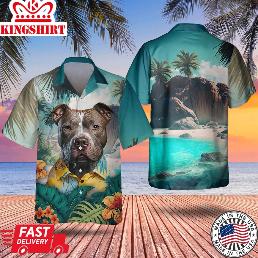 Pitbull 3D Tropical Trendy Hawaiian Shirt, Dog Lover Trendy Hawaiian Shirt, Summer Trendy Hawaiian Shirt For Men And Women