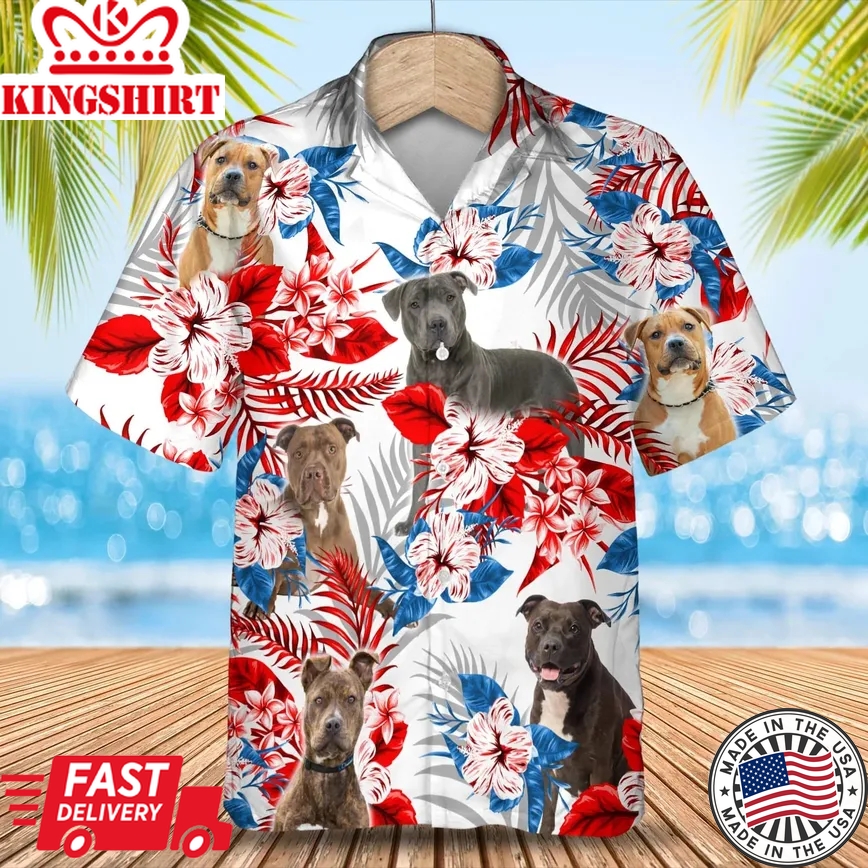 Pitbull Flower American Flag Trendy Hawaiian Shirt, Summer Aloha Shirt, Men Trendy Hawaiian Shirt, Gift For Summer