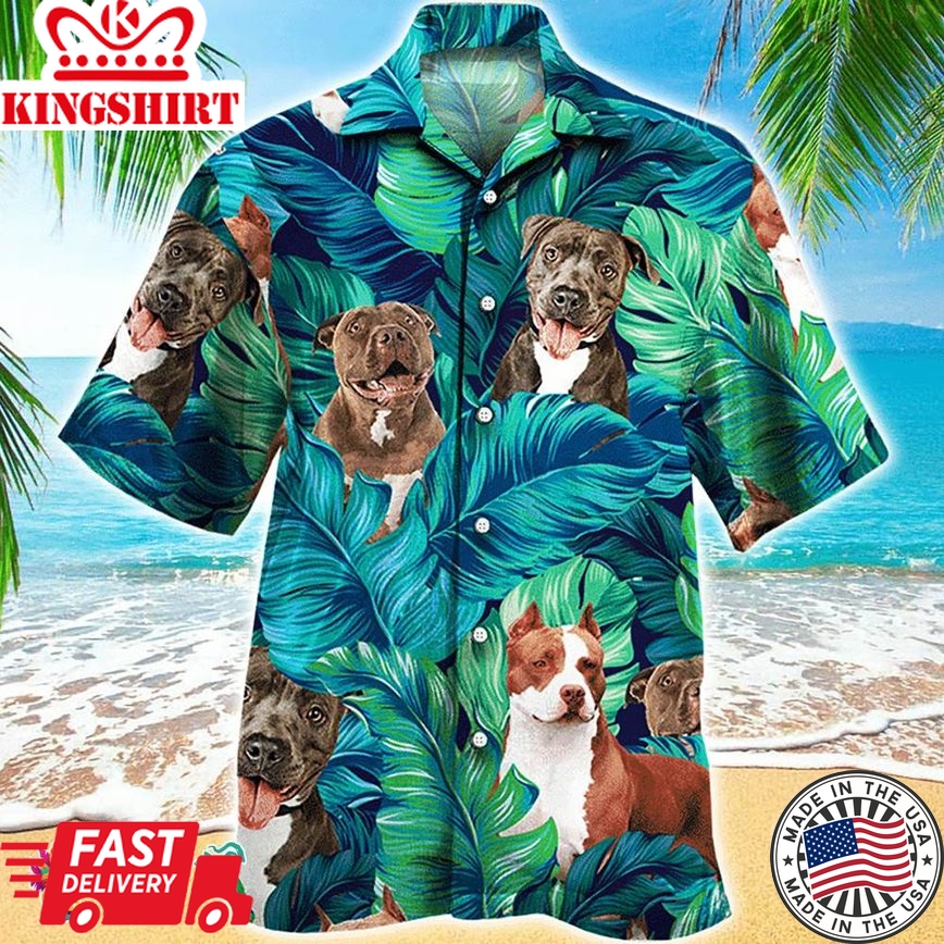 Pitbull Hawaiian Shirt Tropical Green Leaves, Aloha Hawaiian Shirts