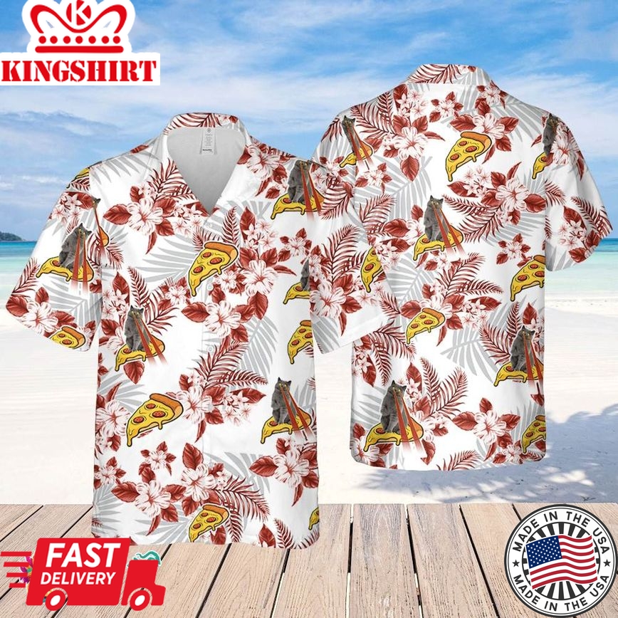 Pizza Cat Hawaiian Flowers Pattern Shirt, Pizza Cat Hawaiian Shirt, Sea Island Shirt, Summer Cat Gift Hawaiian Shirt