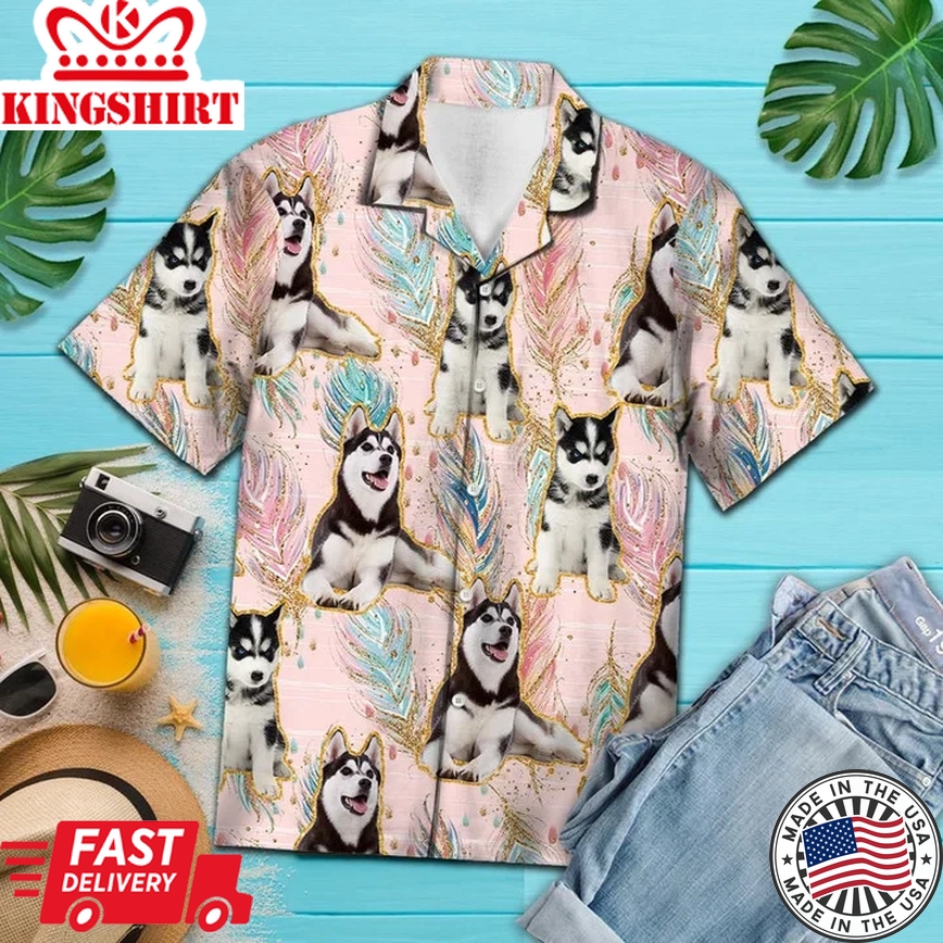 Playful Siberian Husky Boho Feather Pattern Trendy Hawaiian Shirt