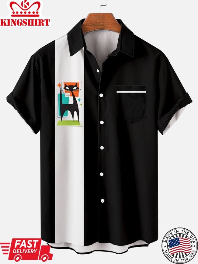 Playful Whiskers: Men's Hawaiian Kitten Stripe Short Sleeve Shirt