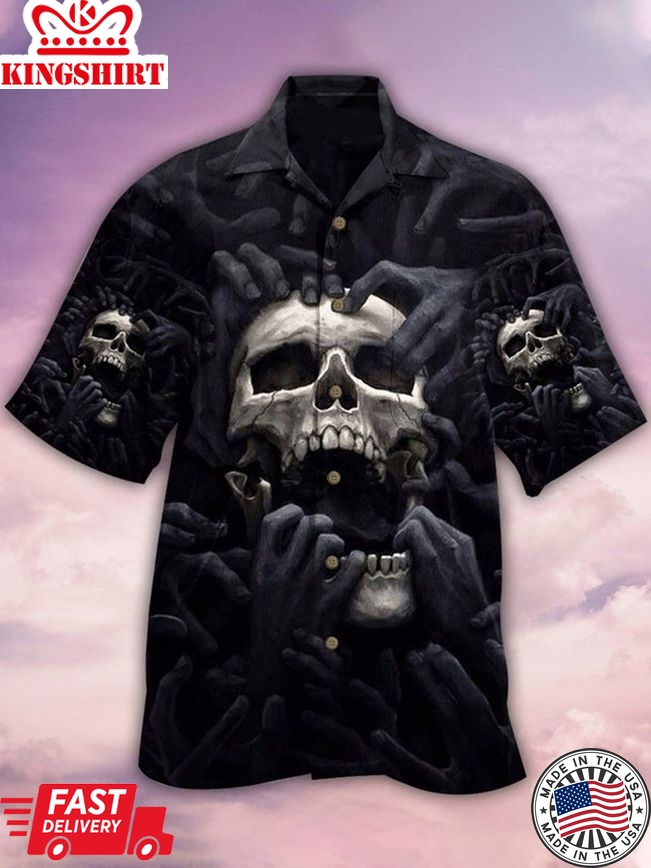 Plus Size Skulls: Hawaiian Shirt with Floral Skull Print and Breast Pocket