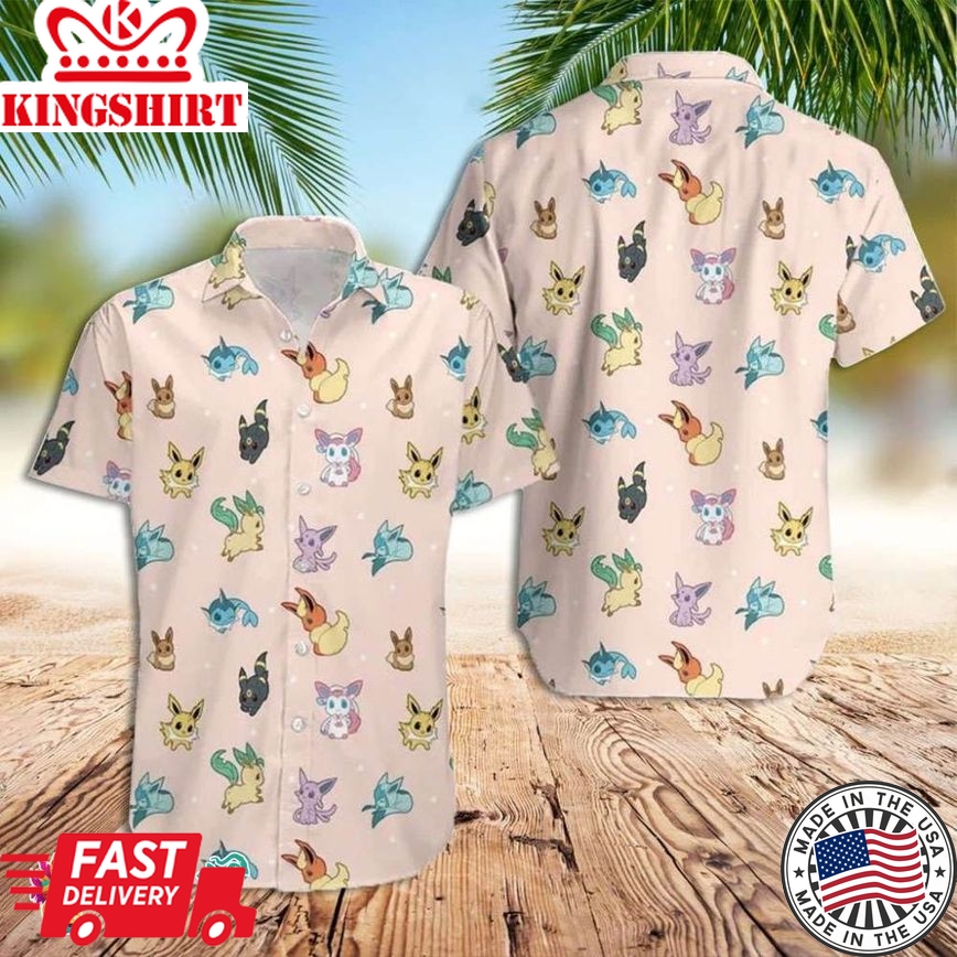 Pokemon Hawaiian Shirt, Eevee Evolution Pokemonsummer Holiday Family Aloha Hawaiian Beach Shirt