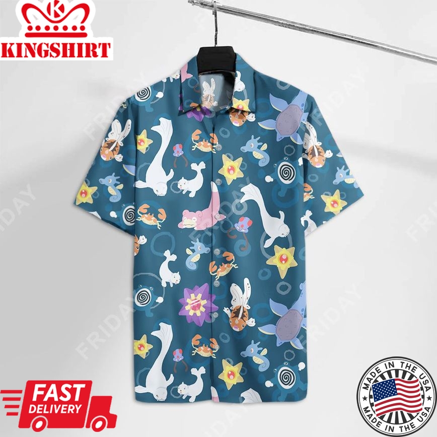 Pokemon Hawaiian Shirt Water Pokemon Dewgong Slowpoke Starmie Pattern Dark Ocean Blue Hawaii Aloha Shirt