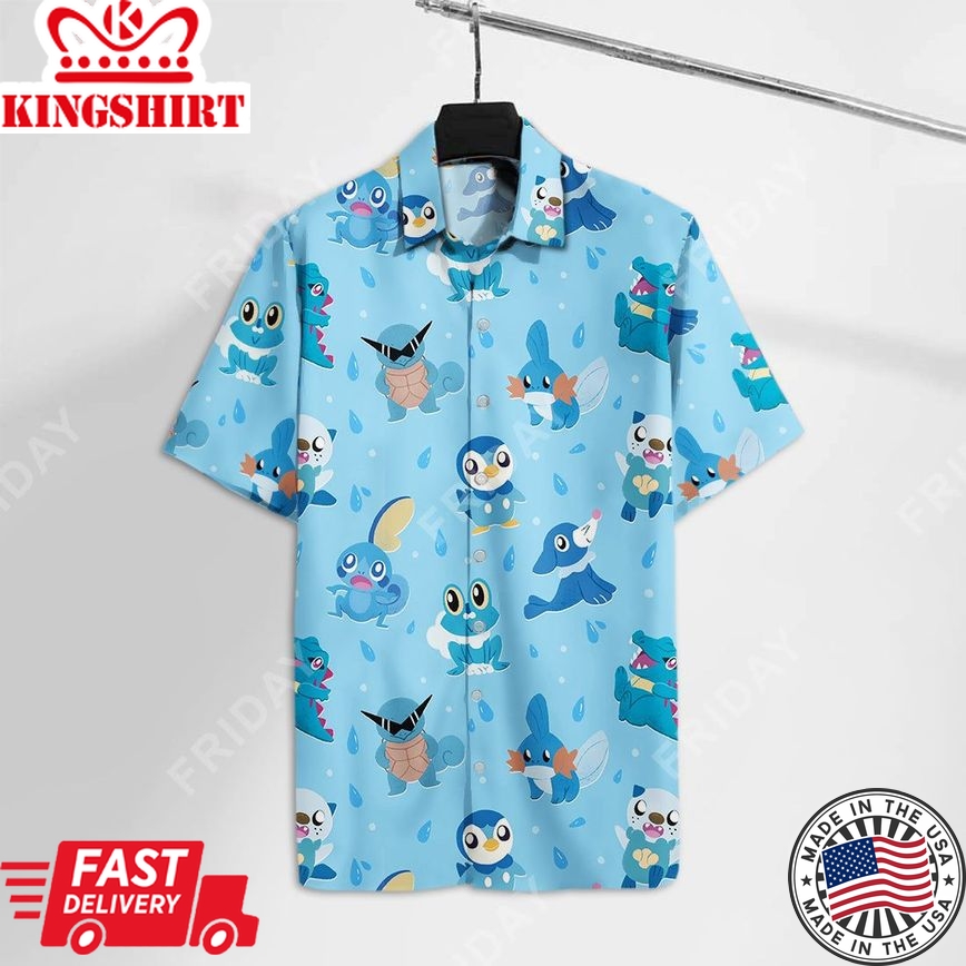 Pokemon Hawaiian Shirt Water Pokemon Oshawott Squirtle Totodile Pattern Blue Hawaii Aloha Shirt