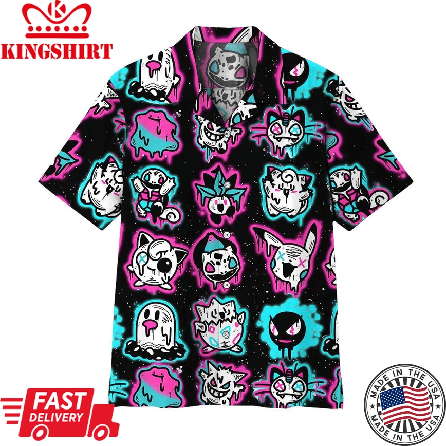 Pokemon Trendy Hawaiian Shirt Ghost Pokemons Glowing Light Black Pink Hawaii Aloha Shirt 2022