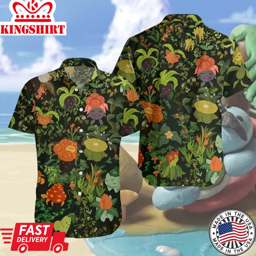 Pokemon Trendy Hawaiian Shirt Grass Type Pokemons Flower Green Hawaii Aloha Shirt 2022