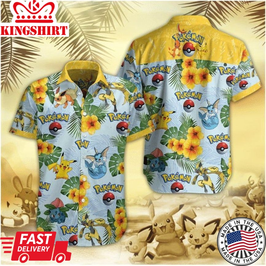 Pokemon Trendy Hawaiian Shirt Pikachu Eevee Flower Yellow Hawaii Aloha Shirt 2022