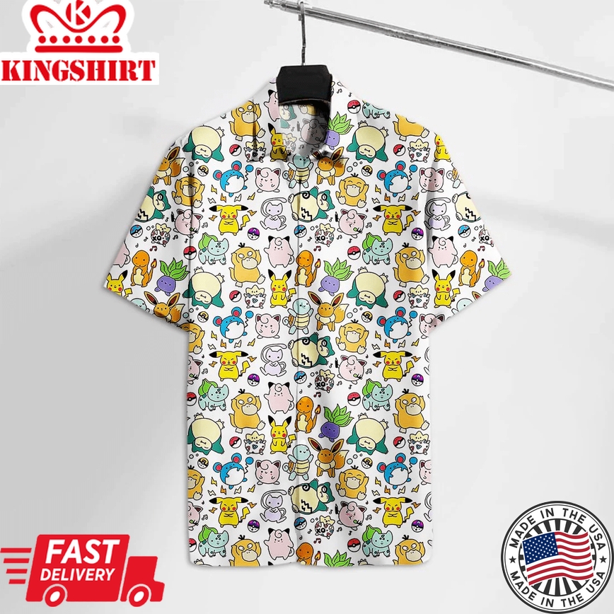 Pokemon Trendy Hawaiian Shirt Pkm Emoji Pika Jiggly Eievui Mew Chibi Hawaii Tshirt 2022