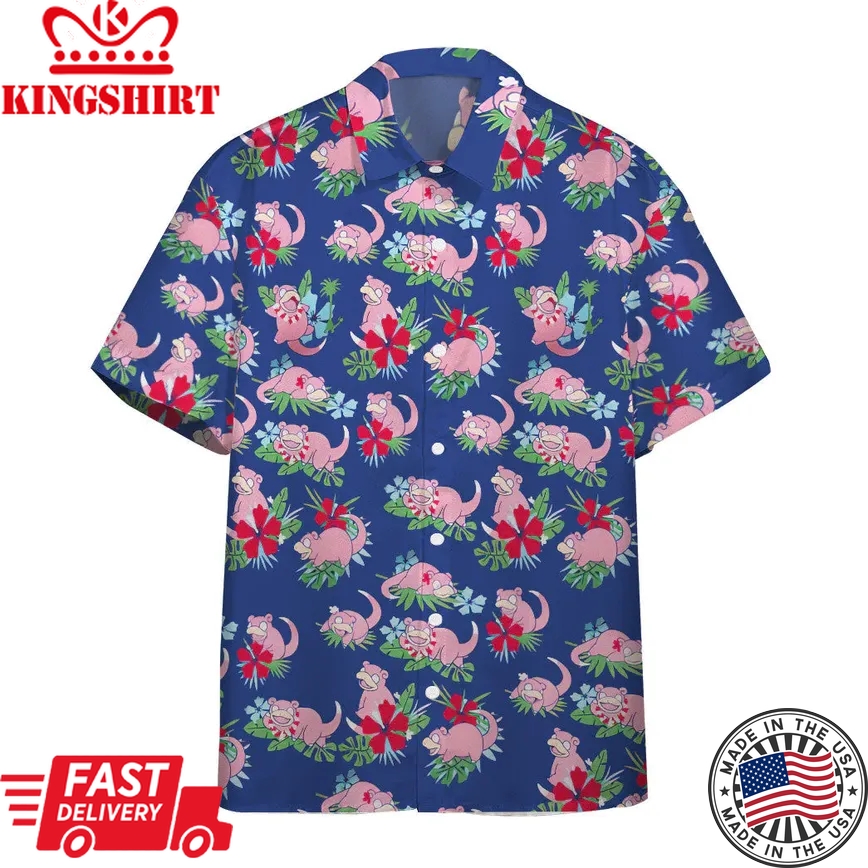 Pokemon Trendy Hawaiian Shirt Tropical Slowpoke Pink Blue Hawaii Shirt Pokemon Aloha Shirt 2022