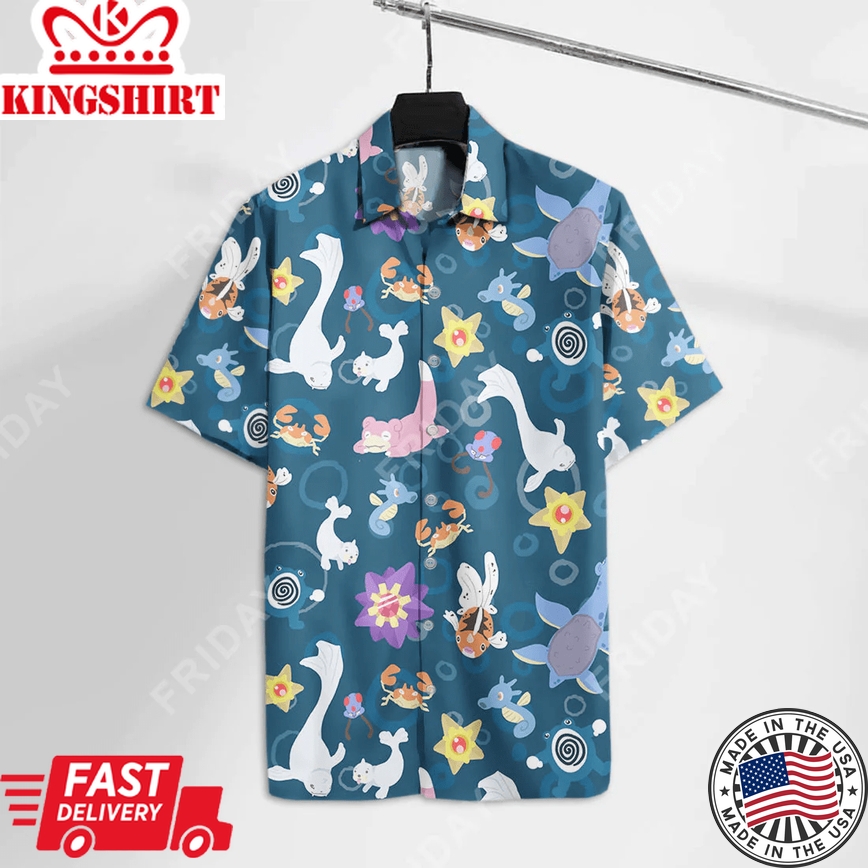 Pokemon Trendy Hawaiian Shirt Water Pokemon Dewgong Slowpoke Starmie Pattern Dark Ocean Blue Hawaii Aloha Shirt 2022