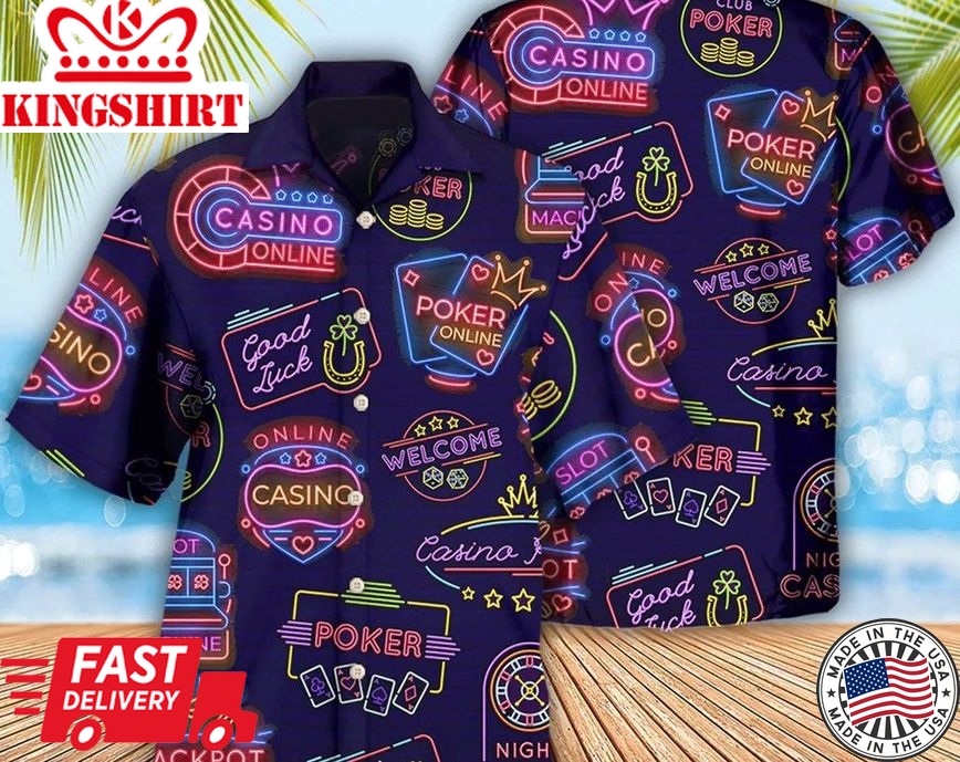 Poker Neon Casino Art - Trendy Hawaiian Shirt, Tropical Beach Shirt Button Down Shirt, Funny Trendy Hawaiian Shirt, Best Gifts For Men, Hawaiian Set Gift.