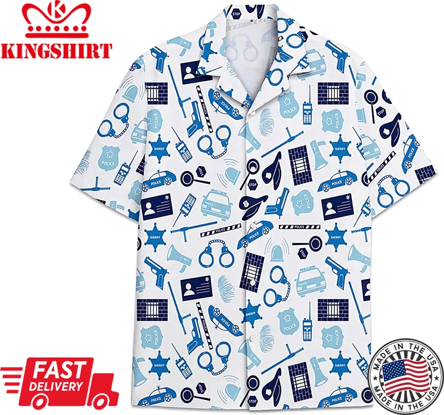 Police Pattern Short Tall Womensmall Trendy Hawaiian Shirt, Button Up Aloha Shirt For Men, Women