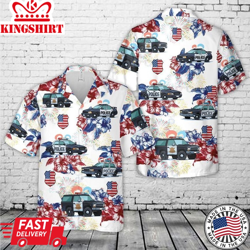 Police Truck Trendy Hawaiian Shirt, 4Th Of July Trendy Hawaiian Shirt, Short Sleeve Trendy Hawaiian Shirt For Men