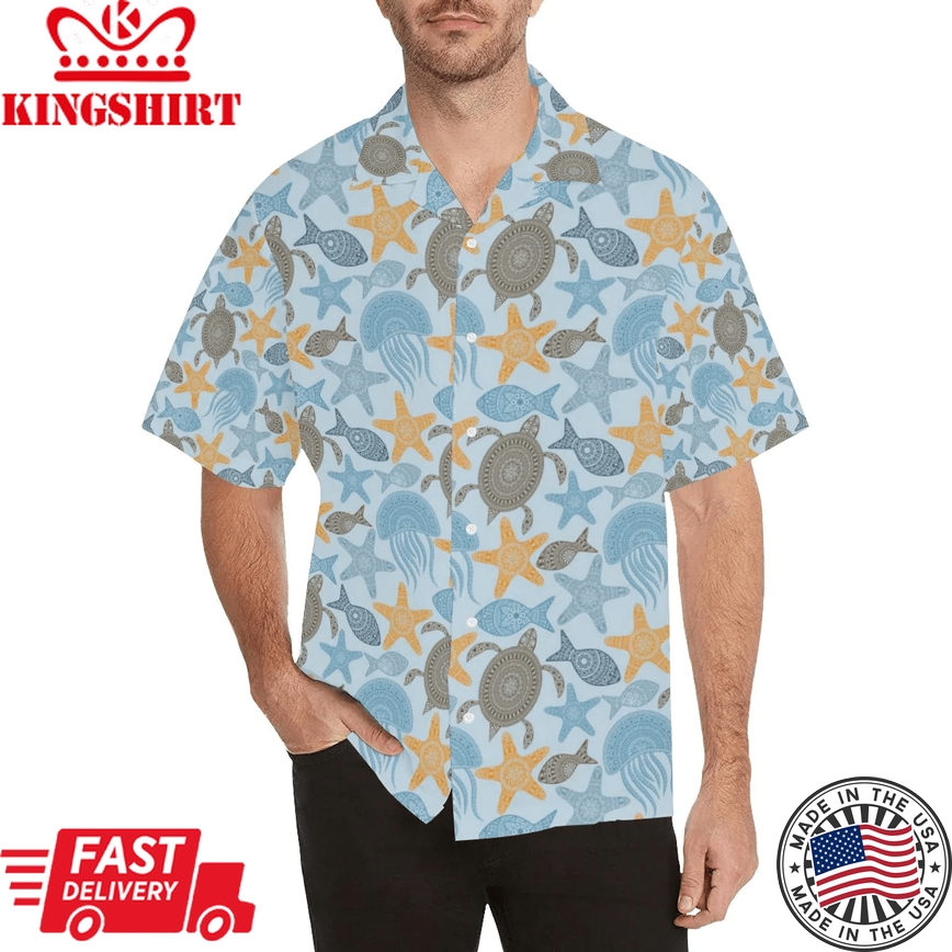 Polynesian Jellyfish Turtle Print Trendy Hawaiian Shirt, Turtle Lover Trendy Hawaiian Shirt For