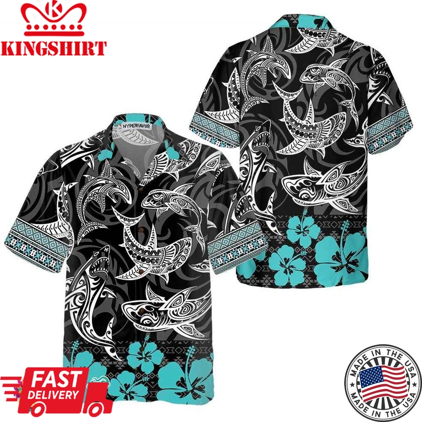 Polynesian Shark Hawaiian Shirt, Shark Shirt Button Up For Adults, Shark Print Shirt