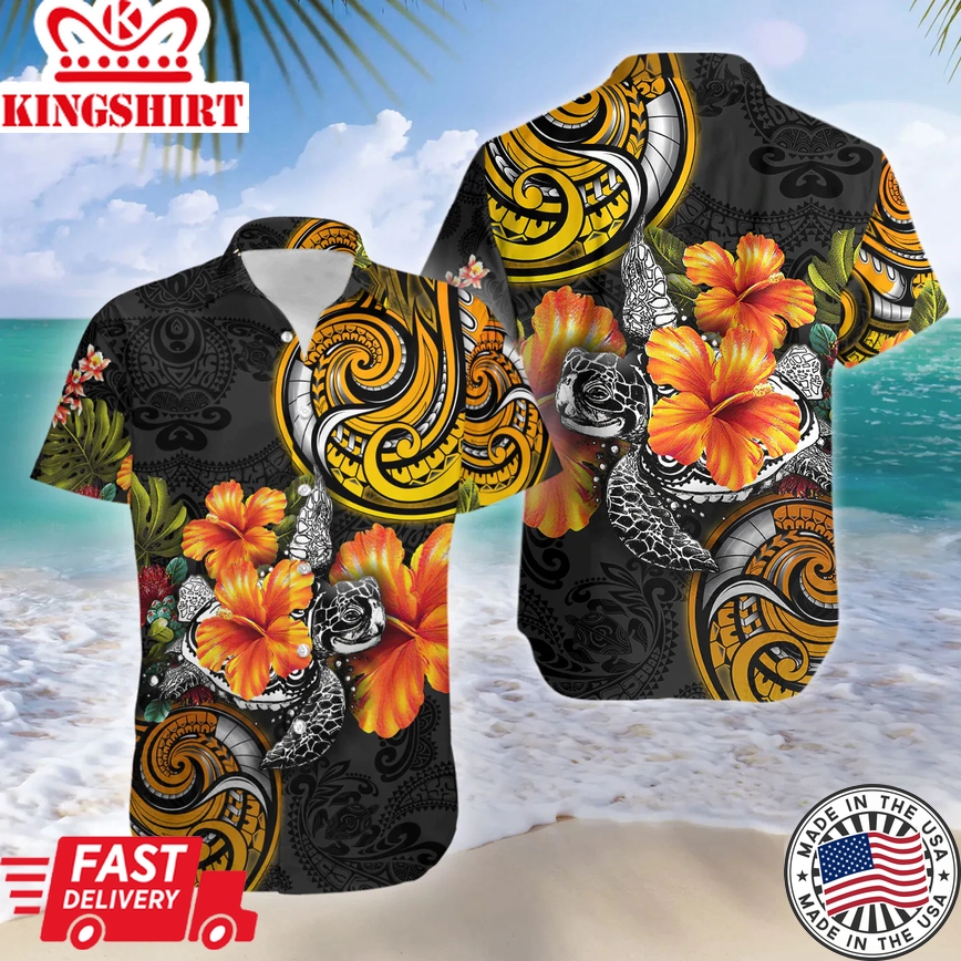 Polynesian Turtle Hibiscus Trendy Hawaiian Shirts Casual Short Sleeve Aloha Beach Shirt