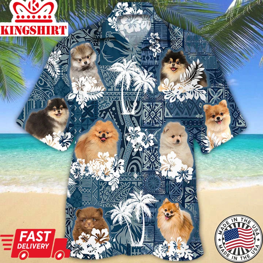 Pomeranian Dog Hawaiian Tropical Plants Pattern Blue And White Trendy Hawaiian Shirt For Men