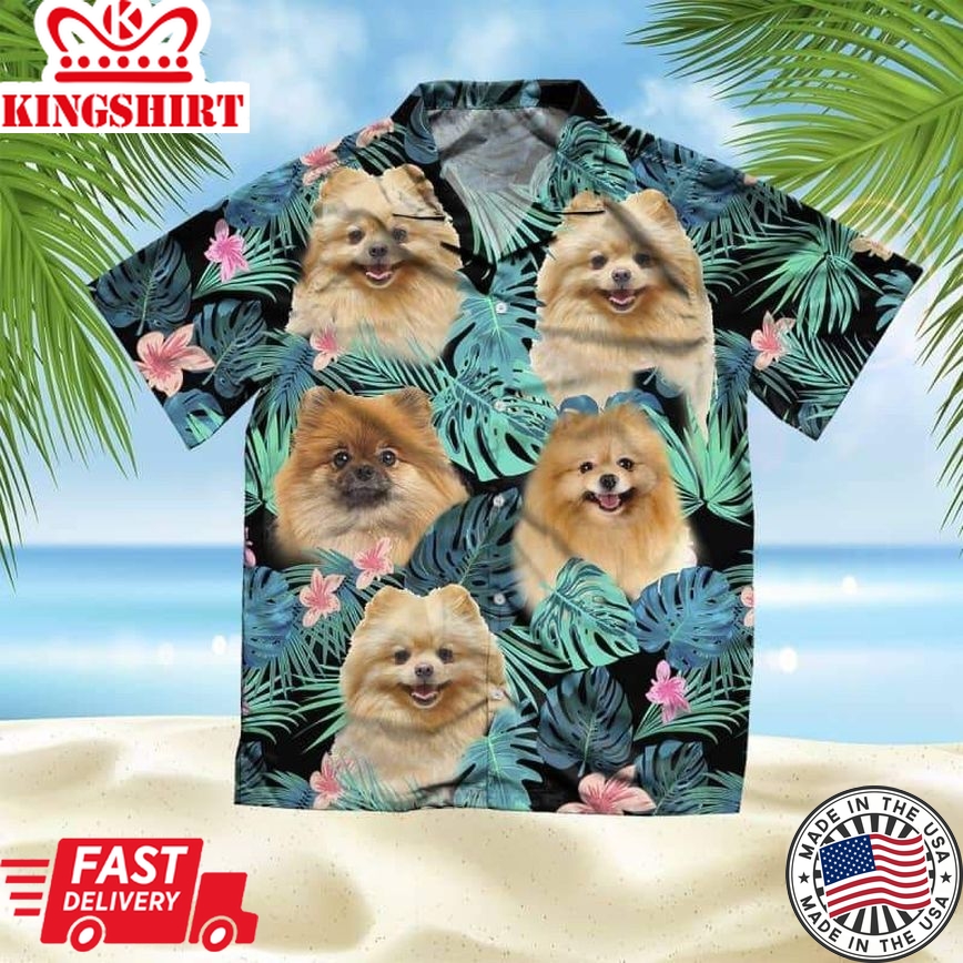 Pomeranian Trendy Hawaiian Shirt, Dog Summer Leaves Trendy Hawaiian Shirt, Unisex Print Aloha Short Sleeve Casual Shirt Summer Gifts