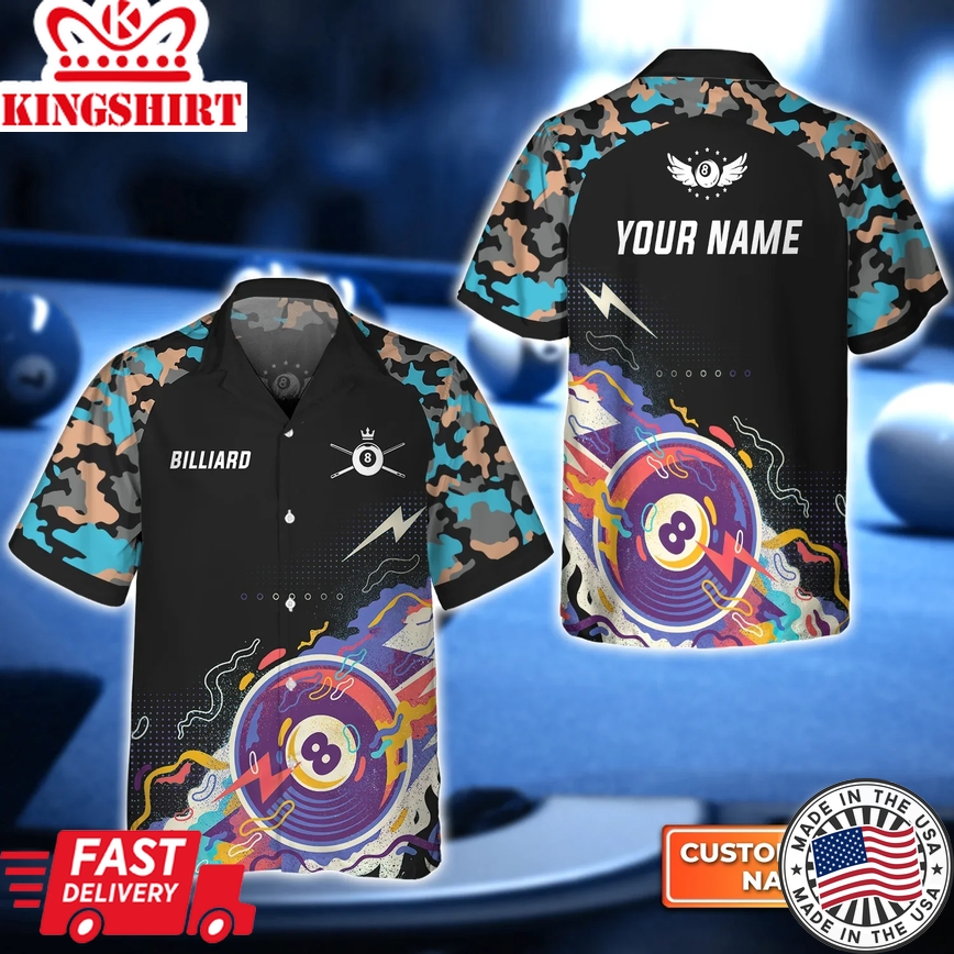 Pool 8 Ball Black Blue Watercolor 3D Trendy Hawaiian Shirt For Billiard Player, Billiard Team Shirt, Billiard Player