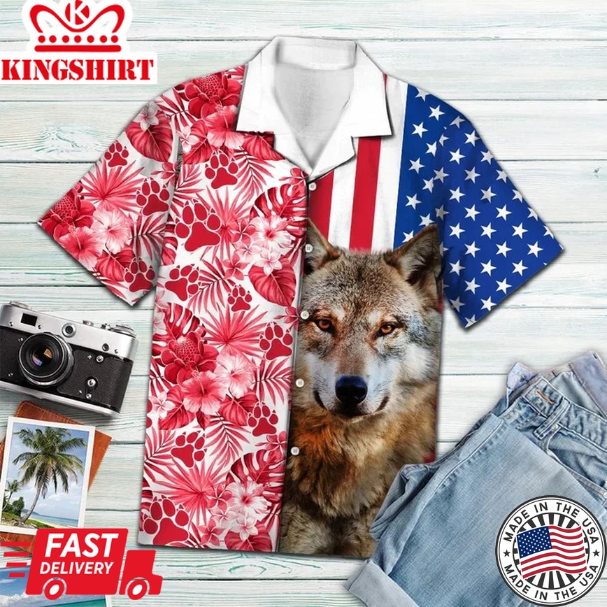 Portrait Of Wolf Usa And Tropical Red Plant Pattern Trendy Hawaiian Shirt