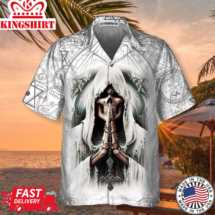 Pray Skull Hawaiian Shirt, Unique Satanic Pattern Skull Shirt For Men And Women