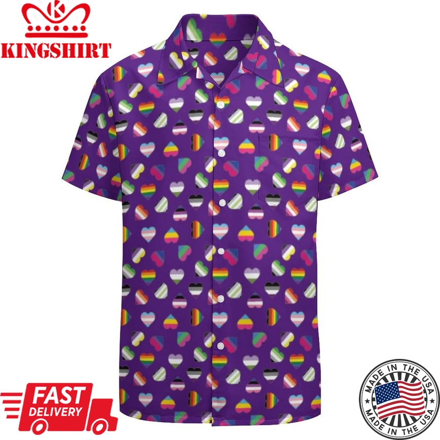 Pride Flag Heart Print Lgbt Gay Trans Bi Ace Queer Hawaiian Vintage Shirt