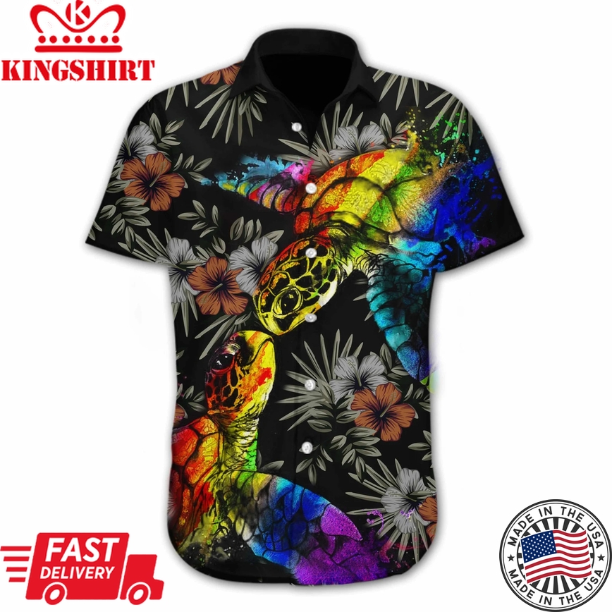 Pride Hawaiian Shirt Gift For Gay, Colorful Turtle Lgbt Flower Design Hawaiian Shirt